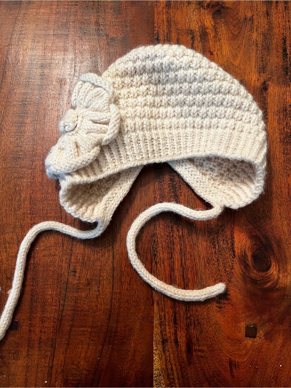 Cream Knit Baby Earflap Hat with Flower